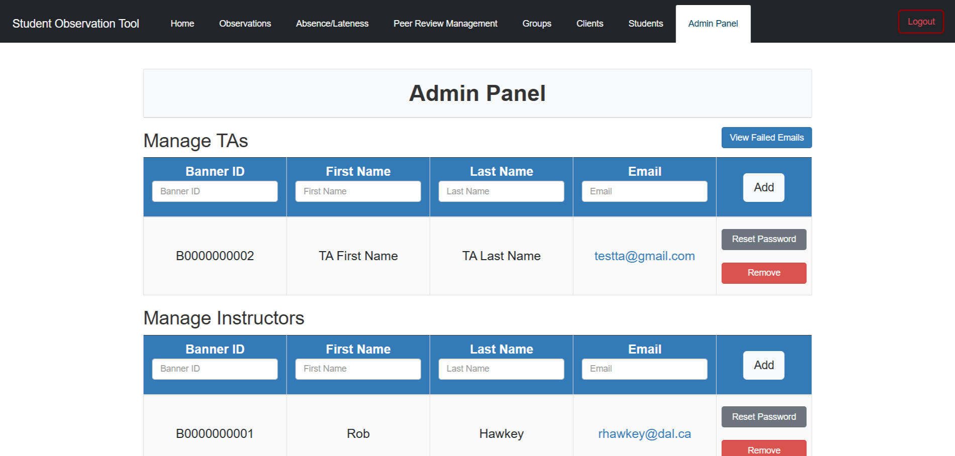 Student Observation Tool dashboard